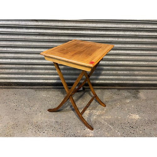 561 - Antique bamboo carved pine folding campaign side table.