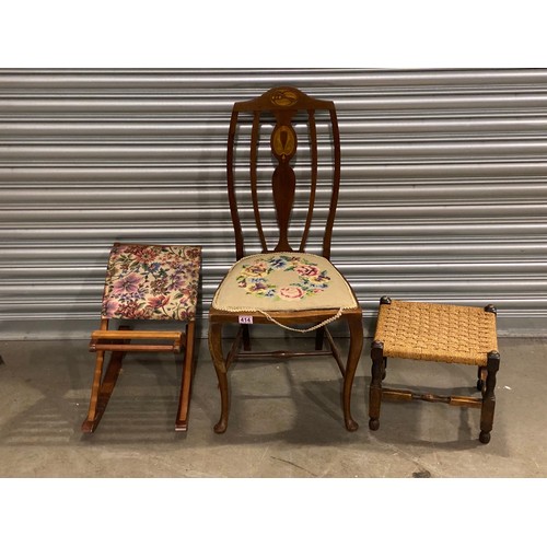 414 - Antique chair, rocking footstool, and rattan footstool.