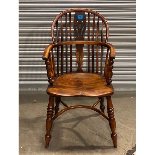 921 - Ash and Elm low Windsor chair, rockley early 19th century with cross stretcher. (damage to one stret... 