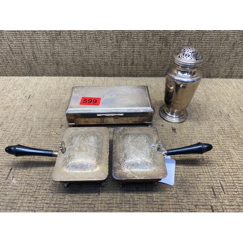 599 - 2 silver plate silent butler cigarette ashtrays plus a cigarette box.