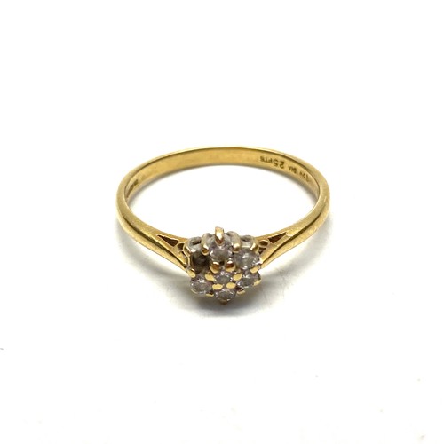 778 - 18ct gold cluster ring with diamonds (one missing) size S, 2.8g.