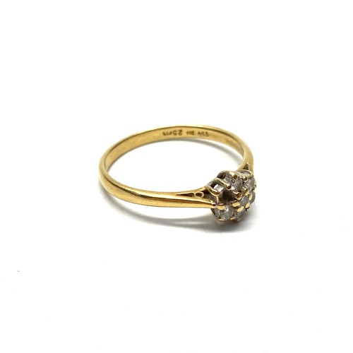 778 - 18ct gold cluster ring with diamonds (one missing) size S, 2.8g.