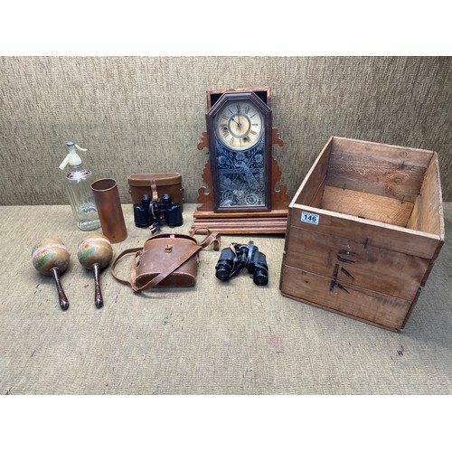 146 - Mixed items including: Binoculars and cuckoo clock.