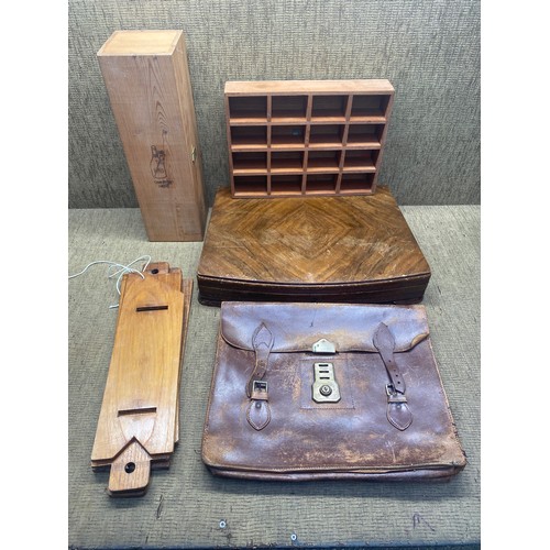 988 - Walnut veneered cutlery box/collection box, leather satchel, wine box and 2 display cabinets.