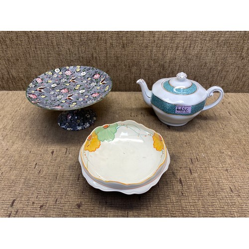 465C - Wedgewood garden tea pot, Victorian cake stand and a crown ducal bon bon dish.