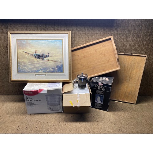 173 - Mixed Kitchen items, wooden serving trays and a Spitfire print.