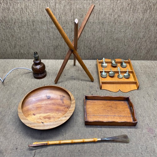 999A - Antique Treen items including a bubaline wood bowl, oak small serving tray, and mahogany wash bowl s... 