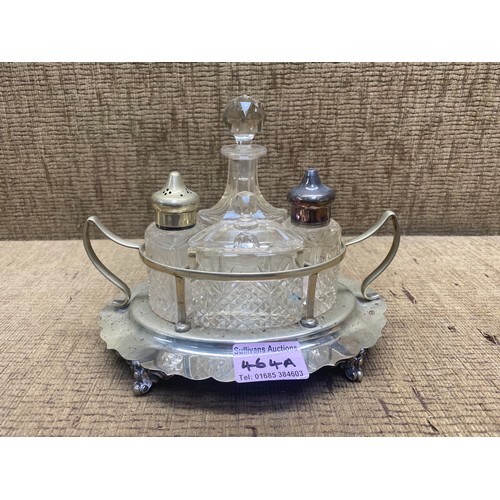 464A - Stunning silver plate condiment set (part cleaned to show good plate beneath).