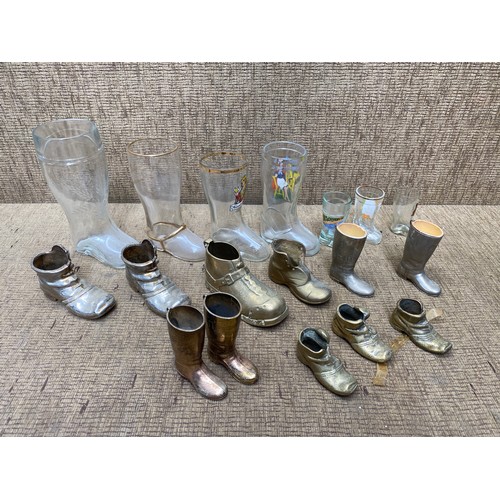 474 - Collection of glass boots in the shape of drinking glasses , brass boots and riding boots.