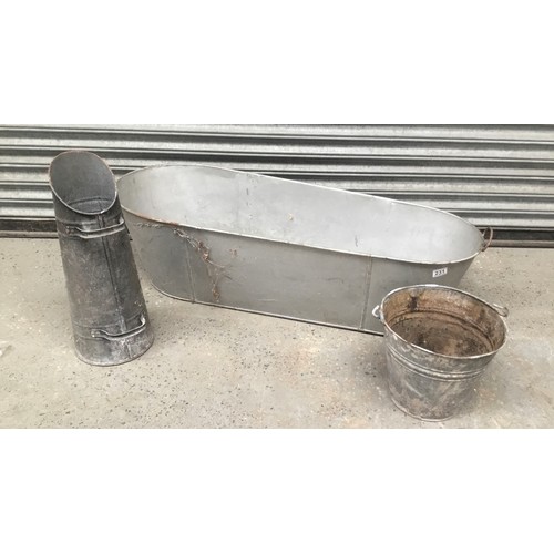 231 - Galvanised tin bath, bucket and coal scuttle.