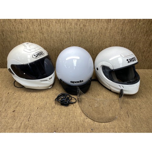 228 - Three motorcycle helmets (two with intercom).