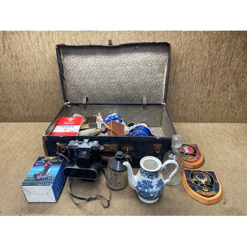 235 - Leather suitcase, cameras and collectibles.