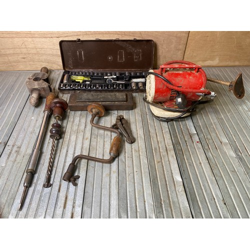 243 - Vintage tools including an air compressor (working) socket set.