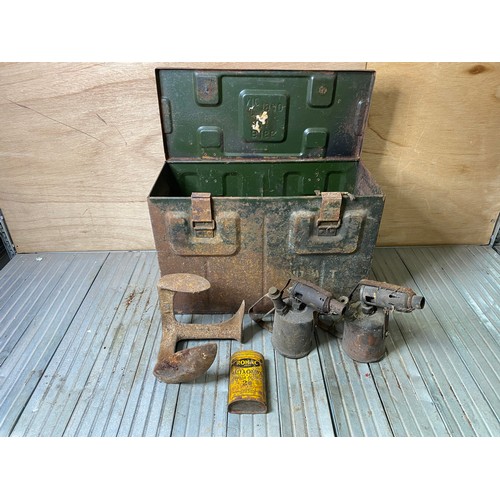 246 - Shoe last, ammo box and vintage tools.