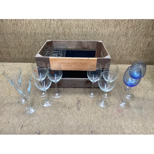 303 - Mixed selection of glass ware in a chateau saint-Pierre s Julien (France) wooden box.