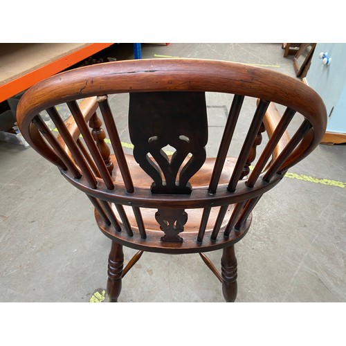 921 - Ash and Elm low Windsor chair, rockley early 19th century with cross stretcher. (damage to one stret... 