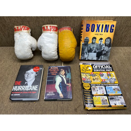 1002 - Signed boxing gloves including: Joe Budiner and books.