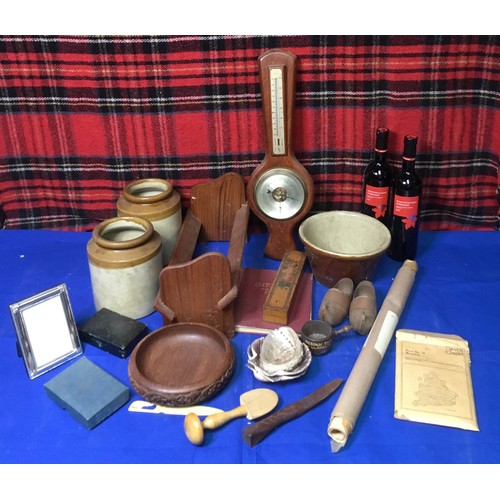 71 - A selection of items including two bottles of wine, barometer and a book stand