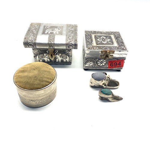 694 - mixed selection of pin cushions, and 2 brushed aluminium Indian jewellery boxes.