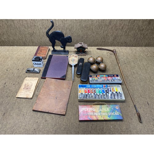 1050 - Miscellaneous items including cast iron door stop, riding crop and Archibald Kendrick and sons casto... 