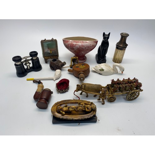 717 - Mixed items including wind up musical stopper, Ewenny pottery and Chinese wagon with horses