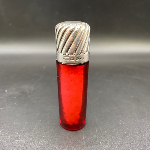 843 - Ruby red silver glass snuff bottle, with a sterling silver lid Hallmarked Birmingham 1891 by C C May... 