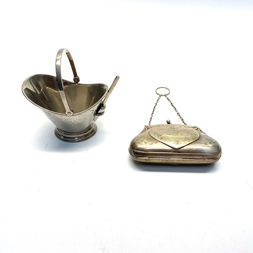 729 - Silver plate ladies purse and a Dutch heavy silver plate scuttle by Herbert Hooijkaas.