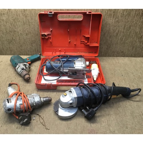 134 - Electrical tools including angle grinder, drills and a boxed Bosch jigsaw