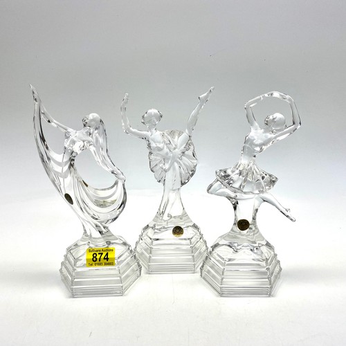 874 - Three RCR Royal Crystal Rock of Italy Glass Figurines two ballerina's and a deco lady.