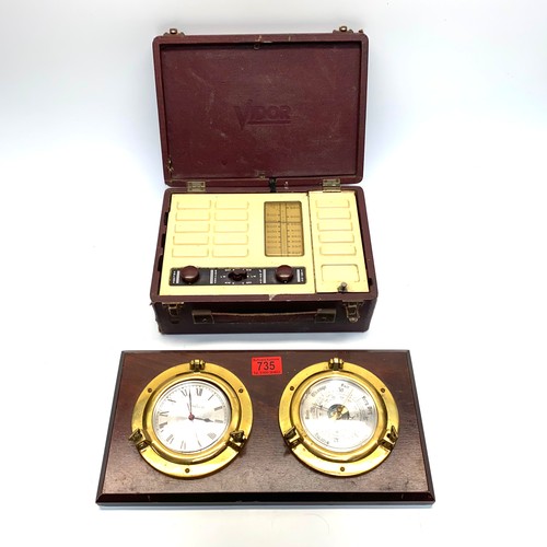 735 - Vintage Vidor radio in a case and a porthole clock and barometer