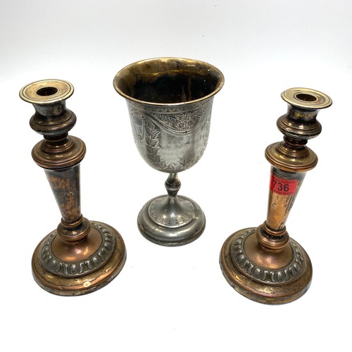 736 - Arts and crafts copper and silver plate candlesticks and a large white metal goblet