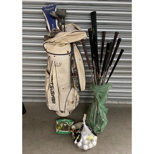 146 - Large amount of gold clubs and a Mitsushiba gold bag and a bag of golf balls.