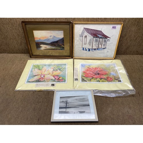 469 - Mixed selection of pictures of post office, Plymouth Tobago, 2 water colours by Lilia baille-Hamilto... 