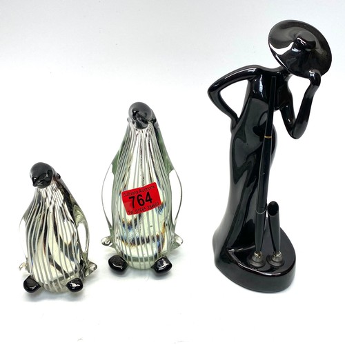 764 - 2 glass penguins and a lady figure pen holder.