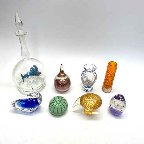 765 - Mixed selection of paper weights and a liquor bottle with a sword fish inside.