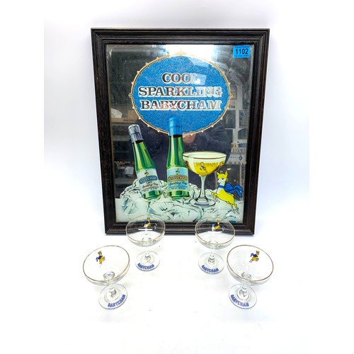 1102 - Babycham collectible 70s mirror and x4 glasses.