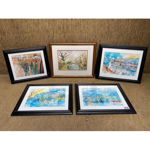 478 - 5 water colour prints with artistes signatures.