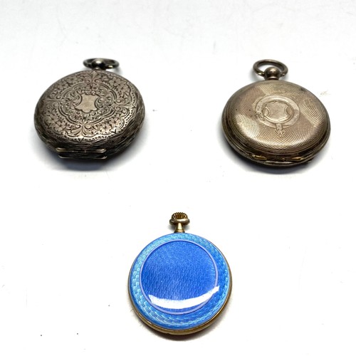 925 - Two ladies silver pocket watches and a an enamel backed one working missing glass.