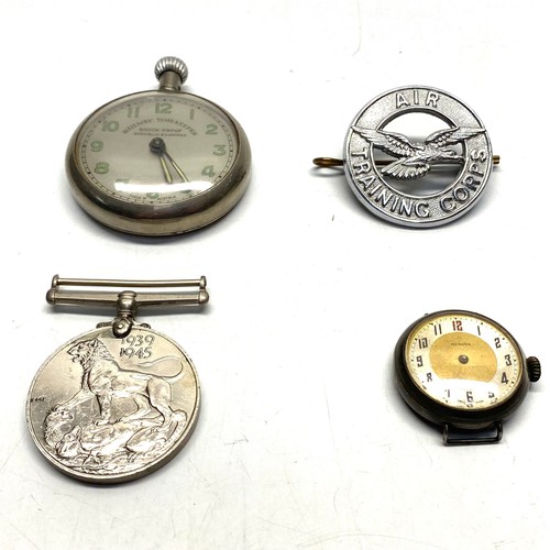 782 - Railway Timekeeper pocket watch, WW2 1939-45 War medal. Air training corps cap badge, silver red 12 ... 