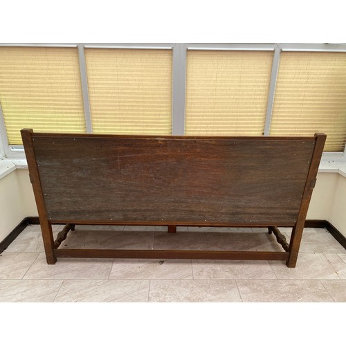 1109 - Vintage settle with upholstered seat and carved arms 189cm