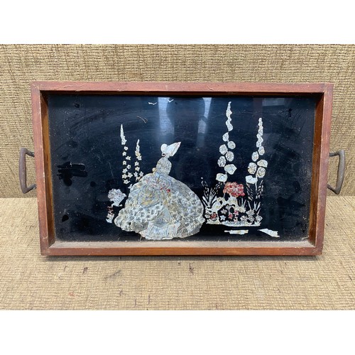 1136 - Oriental serving tray with black lacquer finish and mother of Pearl.