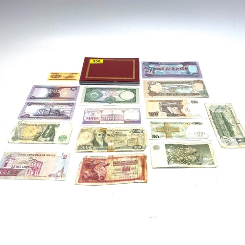 958 - Collection of world bank notes including old UK pound notes.