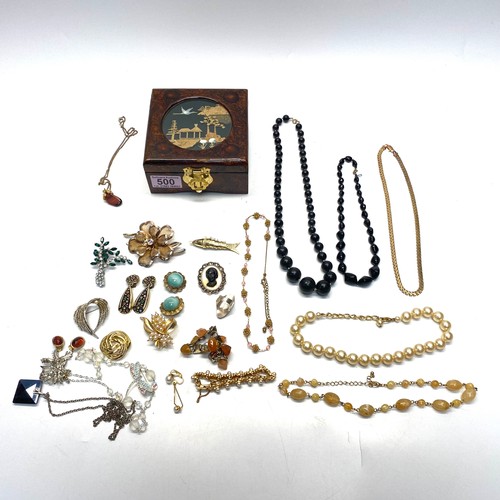 499 - collection of vintage costume Jewellery, including  a silver ring and Japanese Lacquered Jewellery b... 