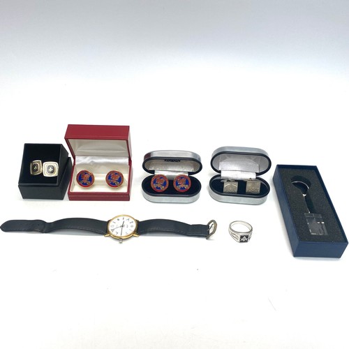 798 - Four sets of Masonic cufflinks, masonic crystal key ring, ring and masonic watch.