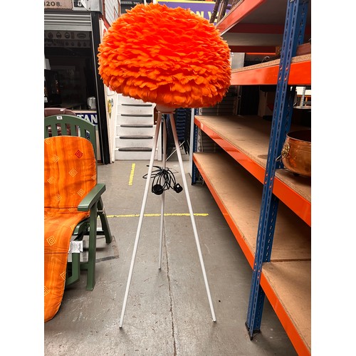 1027 - White Tripod Floor Lamp with Orange Goose Feather shade (Retail £215).