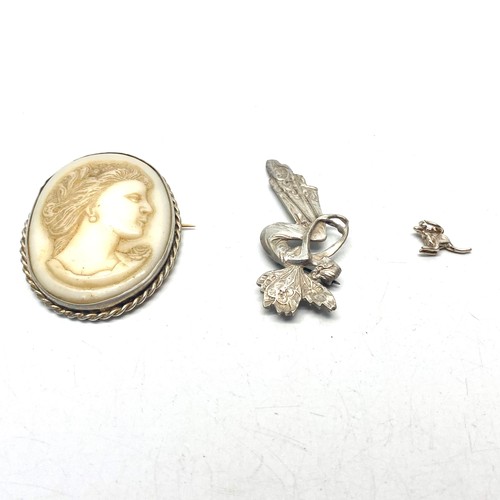 800 - Silver cameo brooch, sterling silver fairy brooch and Kangaroo charm.