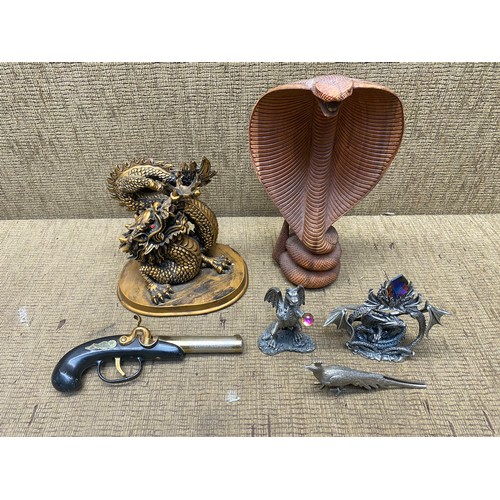 405 - Mixed collectible items and ornaments including: Myth & Magic figures and treen cobra.