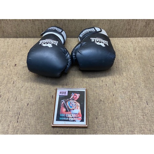 408 - framed picture of Joe Calzaghe and a pair Lonsdale boxing gloves.