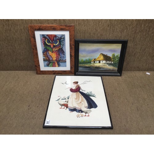 91 - 3 pictures including: A pin art owl and a cross stitch artwork.