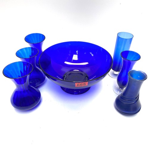 665 - Collection of cobalt blue glass vases and bowl.